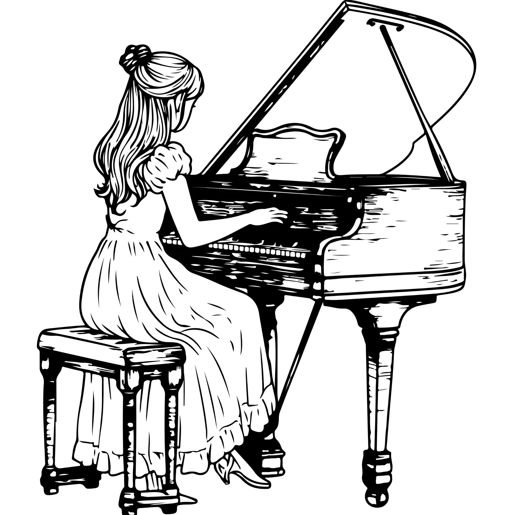 グランドピアノを弾くロングドレスの女性の線画イラスト